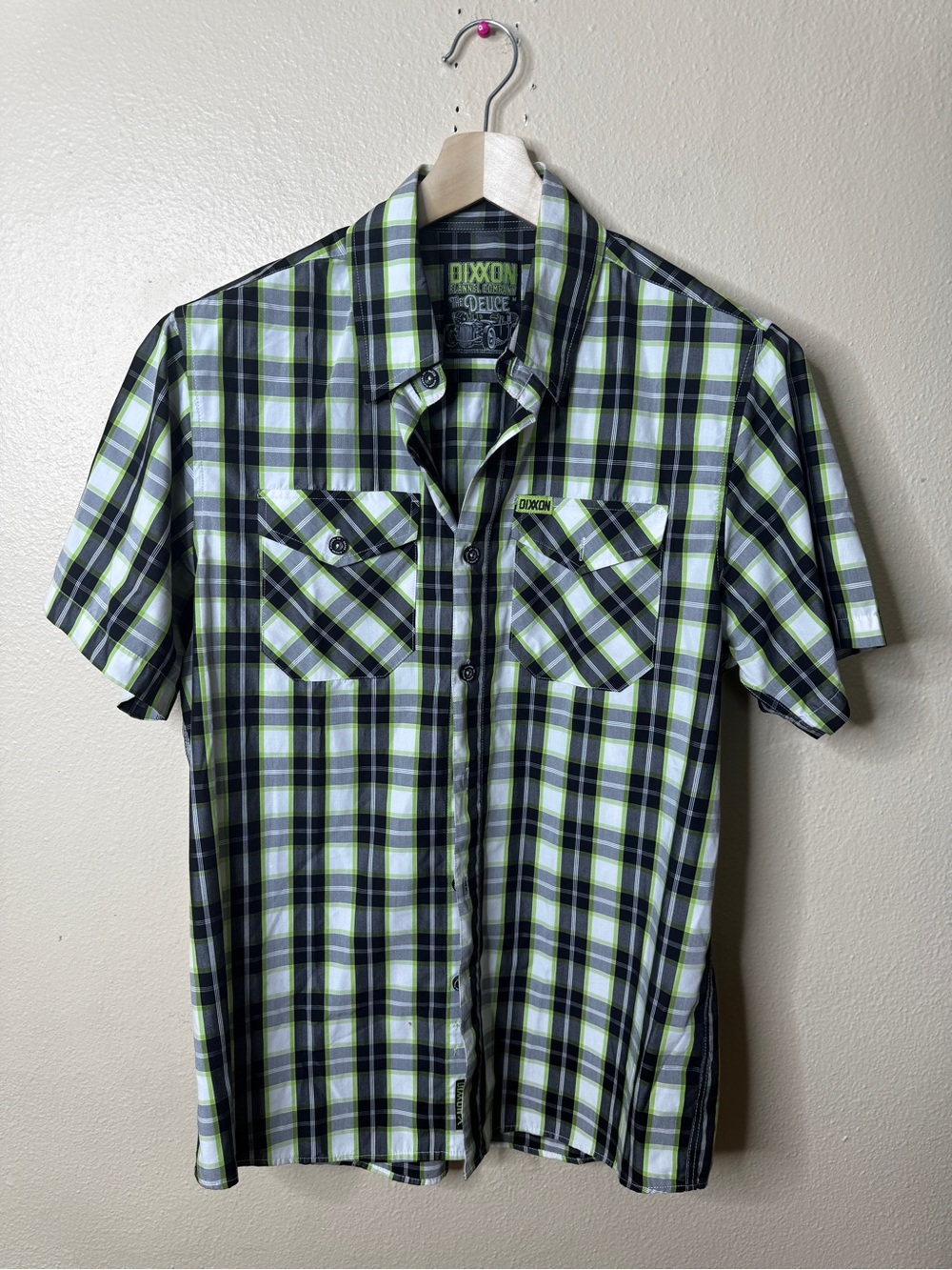 Dixxon The Deuce Shirt Men’s Medium Green Black Plaid Bamboo Blend Short Sleeve